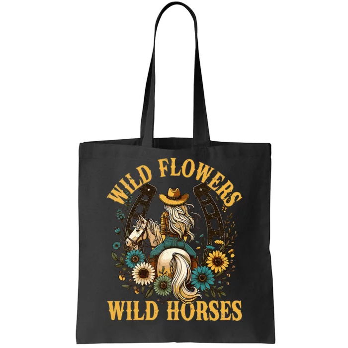 Retro Southern Sunset Cowgirl Wild Flowers Wild Horses Tote Bag