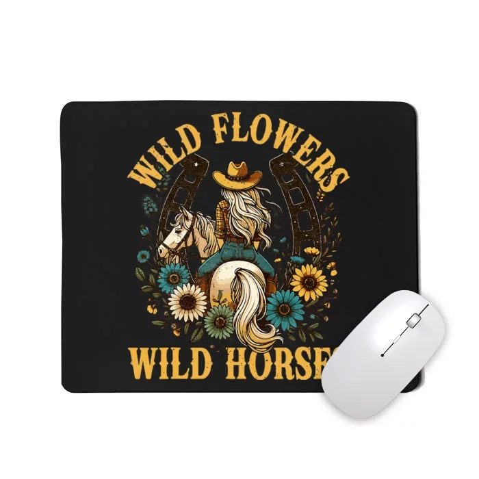 Retro Southern Sunset Cowgirl Wild Flowers Wild Horses Mousepad