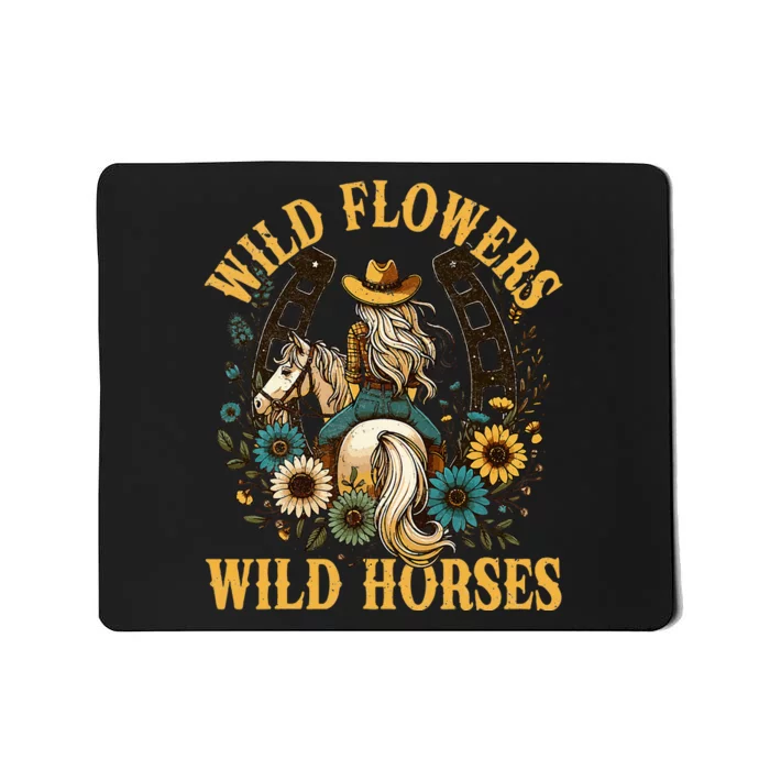 Retro Southern Sunset Cowgirl Wild Flowers Wild Horses Mousepad