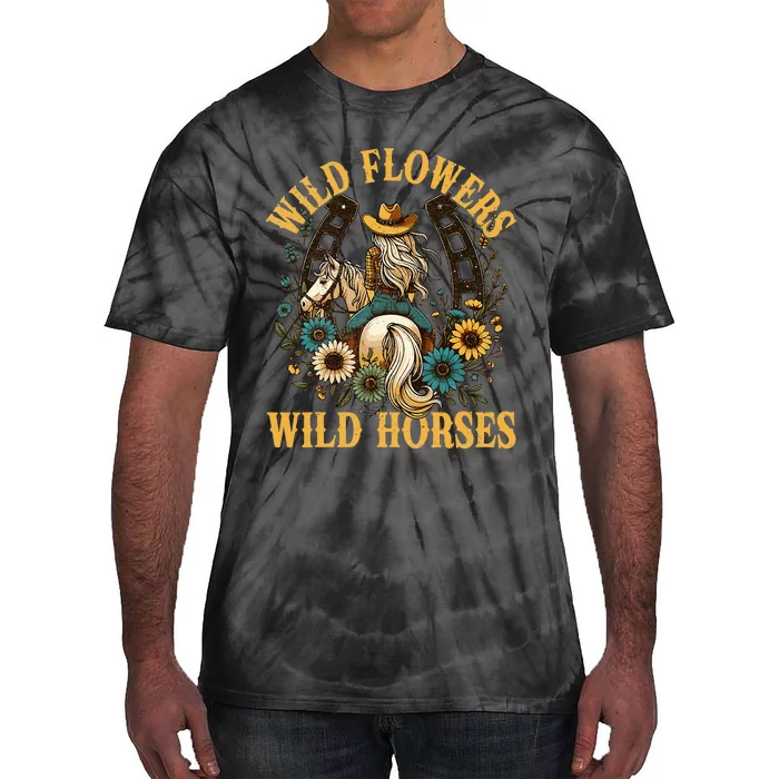 Retro Southern Sunset Cowgirl Wild Flowers Wild Horses Tie-Dye T-Shirt