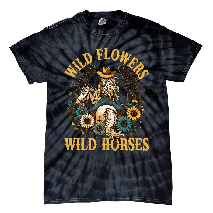 Retro Southern Sunset Cowgirl Wild Flowers Wild Horses Tie-Dye T-Shirt