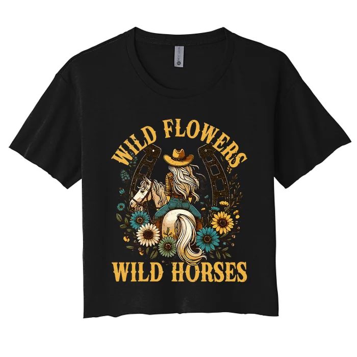 Retro Southern Sunset Cowgirl Wild Flowers Wild Horses Women's Crop Top Tee