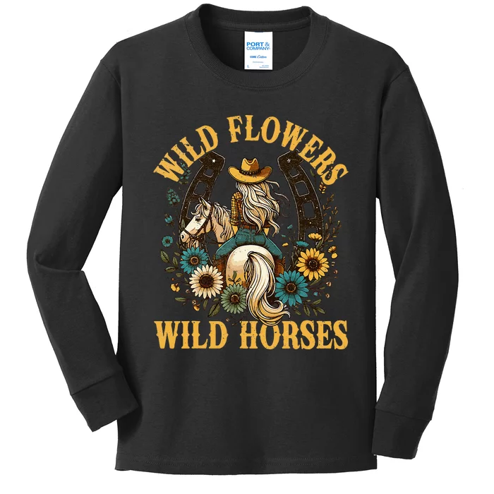 Retro Southern Sunset Cowgirl Wild Flowers Wild Horses Kids Long Sleeve Shirt