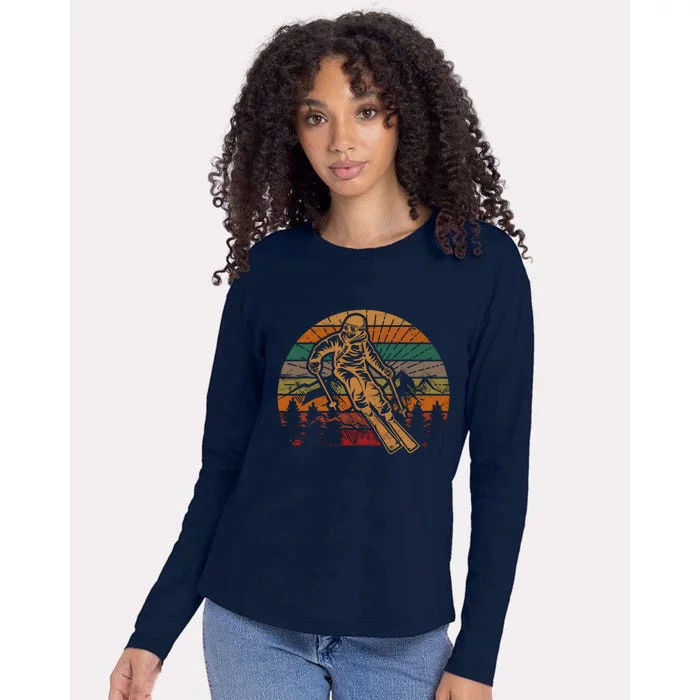 Retro Skier Silhouette Sunset Skiing Winter Sport Ski Womens Cotton Relaxed Long Sleeve T-Shirt