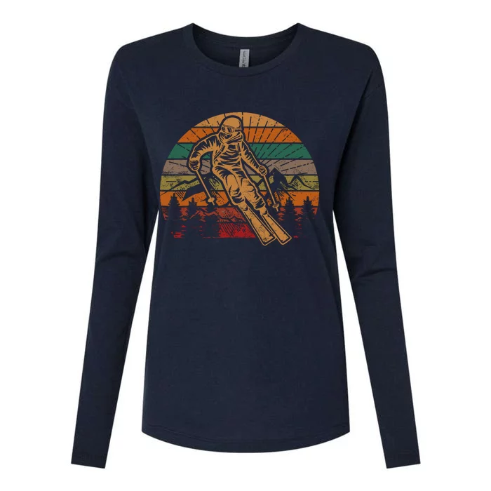 Retro Skier Silhouette Sunset Skiing Winter Sport Ski Womens Cotton Relaxed Long Sleeve T-Shirt