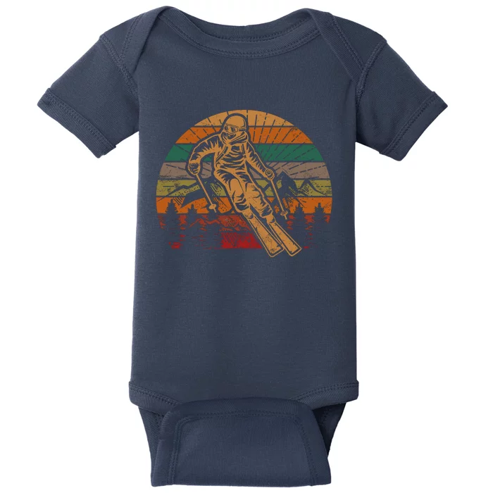 Retro Skier Silhouette Sunset Skiing Winter Sport Ski Baby Bodysuit