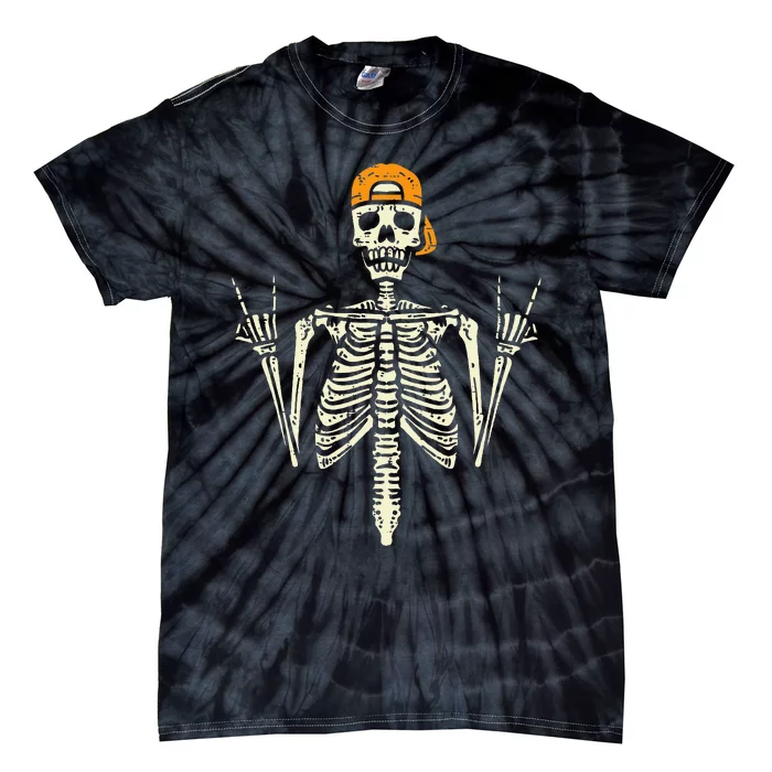 Rocker Skater Skeleton Cap Cool Halloween Punk Tie-Dye T-Shirt