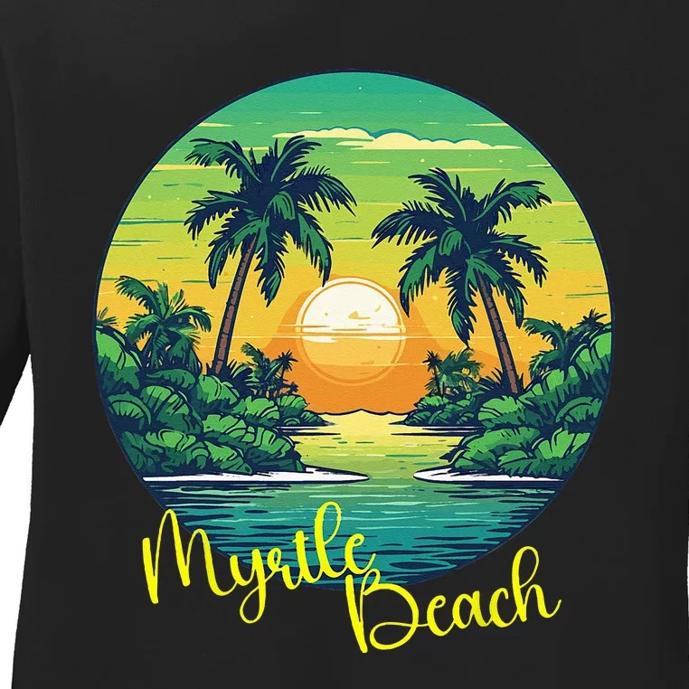 Retro Sunset South Carolina Myrtle Beach Palm Trees Ladies Long Sleeve Shirt