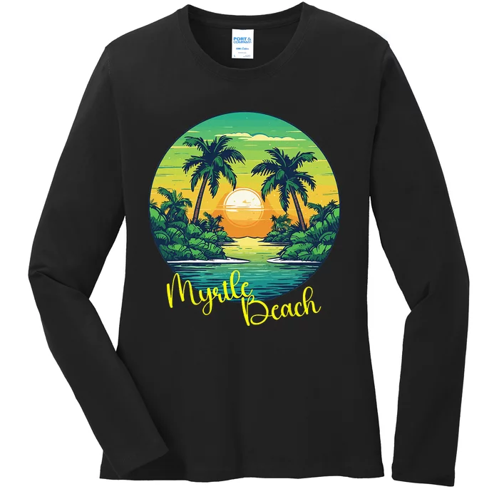 Retro Sunset South Carolina Myrtle Beach Palm Trees Ladies Long Sleeve Shirt