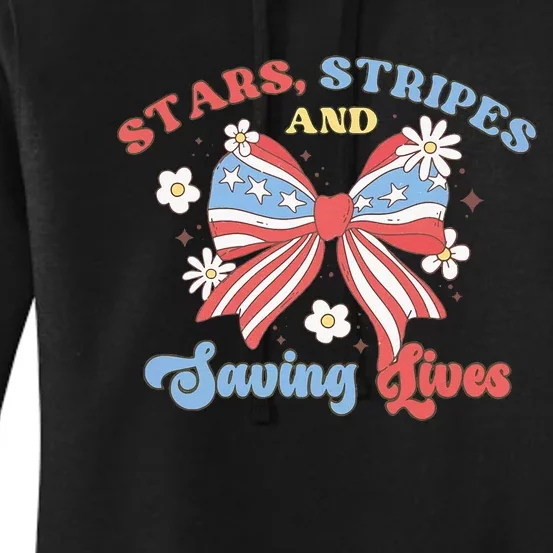 Retro Stars Strips And Saving Lives 4th Of July Nurse School Women's Pullover Hoodie