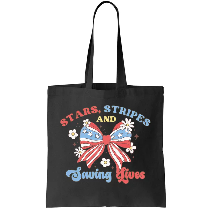 Retro Stars Strips And Saving Lives 4th Of July Nurse School Tote Bag