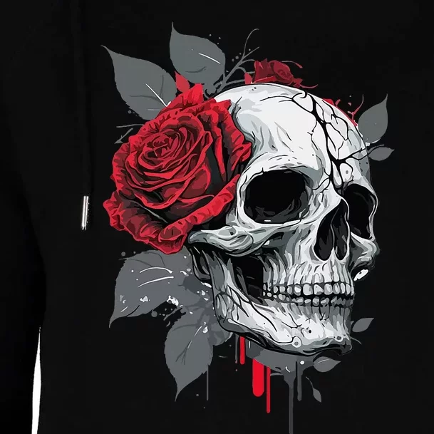 Rose Skeleton Skull Hand Red Flower Rose Womens Funnel Neck Pullover Hood