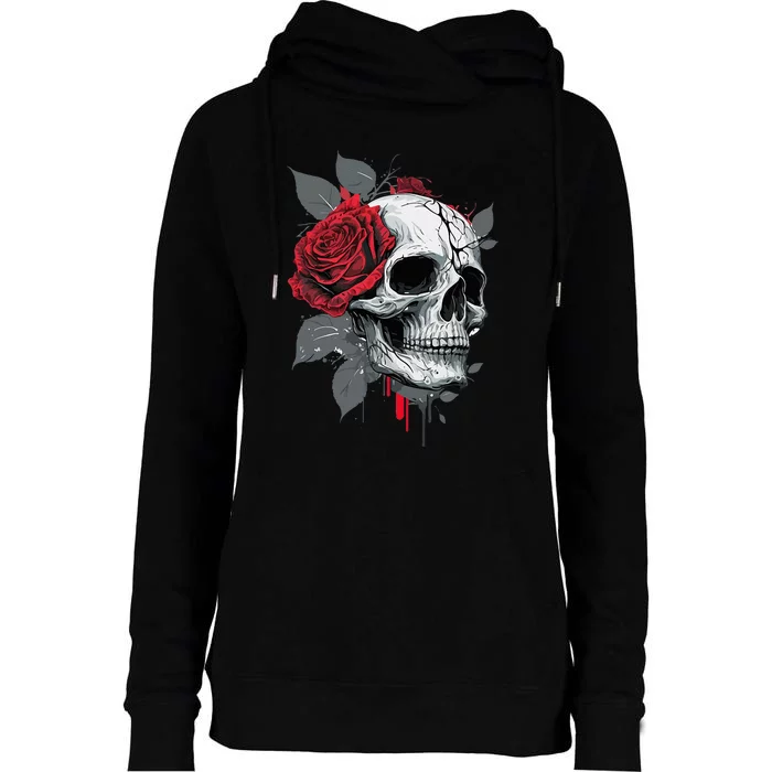 Rose Skeleton Skull Hand Red Flower Rose Womens Funnel Neck Pullover Hood