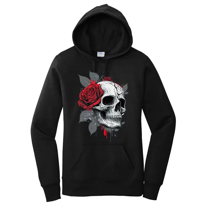 Rose Skeleton Skull Hand Red Flower Rose Women's Pullover Hoodie