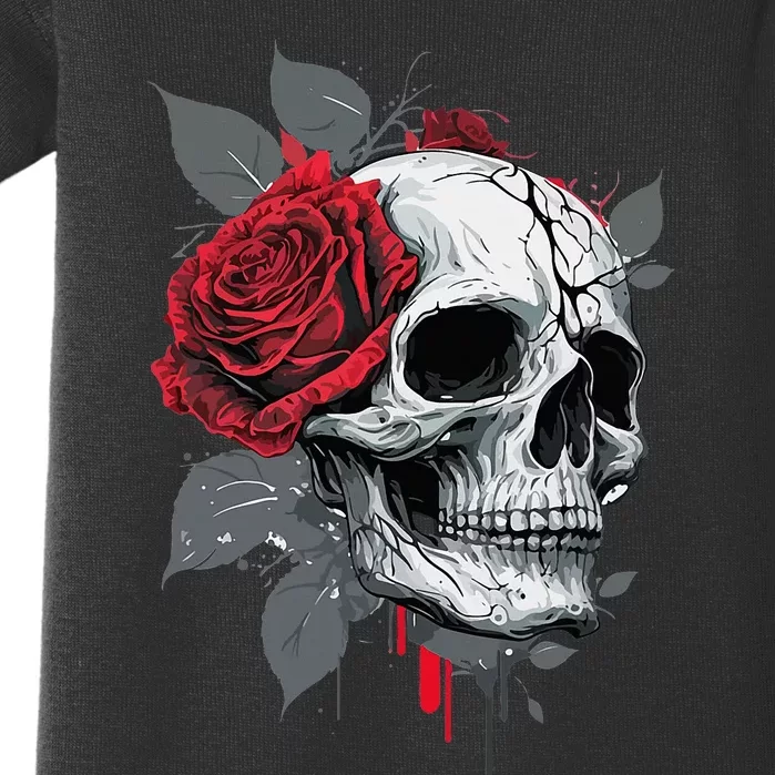 Rose Skeleton Skull Hand Red Flower Rose Baby Bodysuit