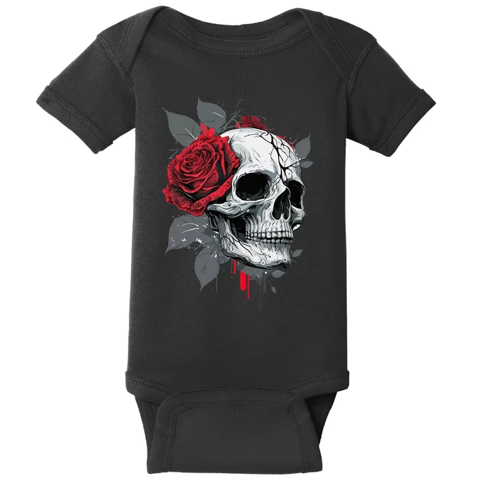 Rose Skeleton Skull Hand Red Flower Rose Baby Bodysuit