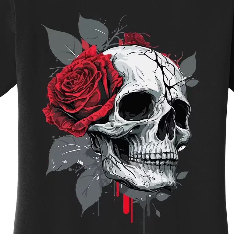 Rose Skeleton Skull Hand Red Flower Rose Women's T-Shirt