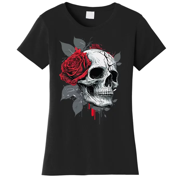 Rose Skeleton Skull Hand Red Flower Rose Women's T-Shirt