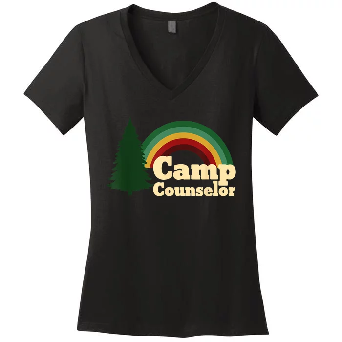 Retro Summer Staff Rainbow Camp Counselor Pine Tree Gift Women's V-Neck T-Shirt