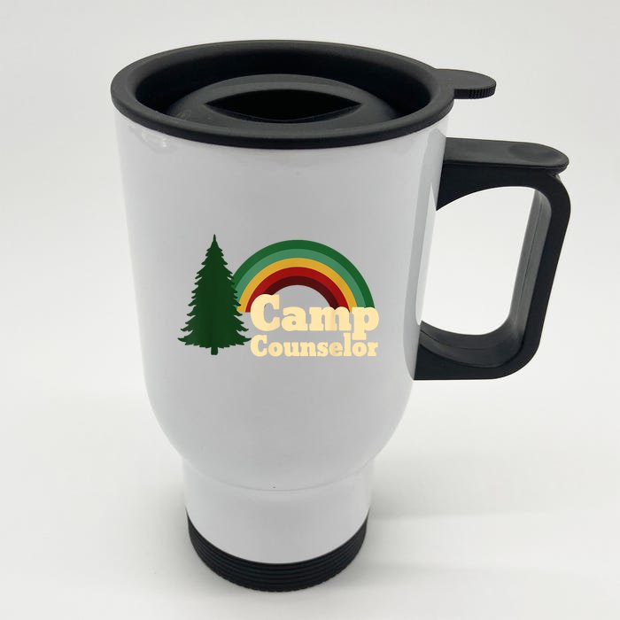 Retro Summer Staff Rainbow Camp Counselor Pine Tree Gift Front & Back Stainless Steel Travel Mug