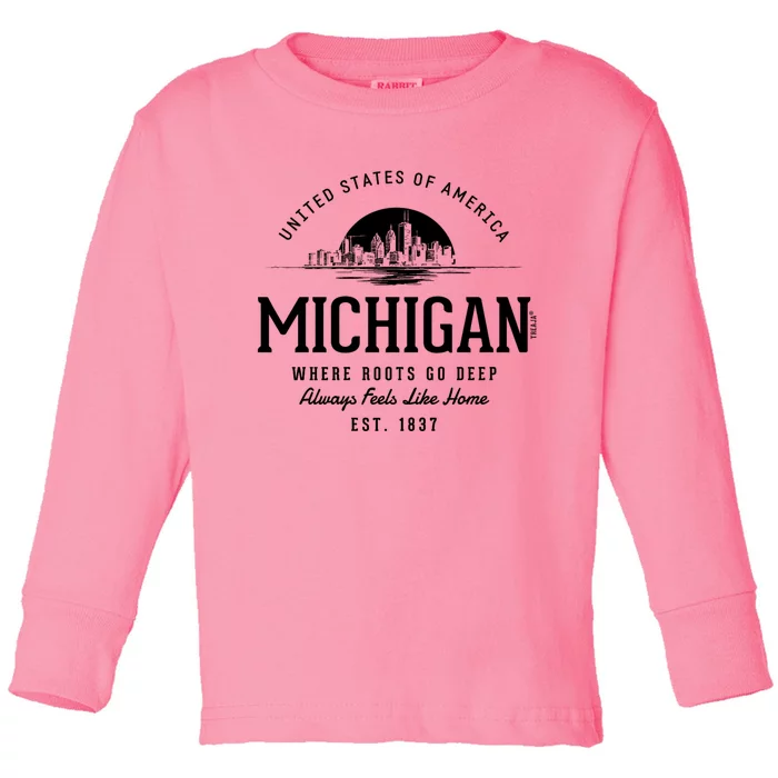 Retro Styled State Of Michigan Vintage Established Toddler Long Sleeve Shirt