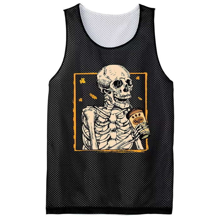 Retro Skull Skeleton Drinking Coffee Cup Vintage Halloween Mesh Reversible Basketball Jersey Tank