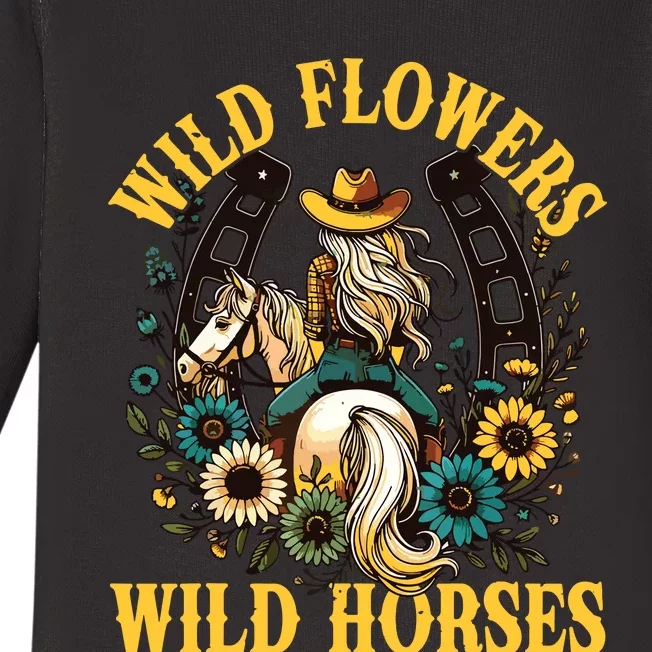 Retro Southern Sunset Cowgirl Wild Flowers Wild Horses Baby Long Sleeve Bodysuit