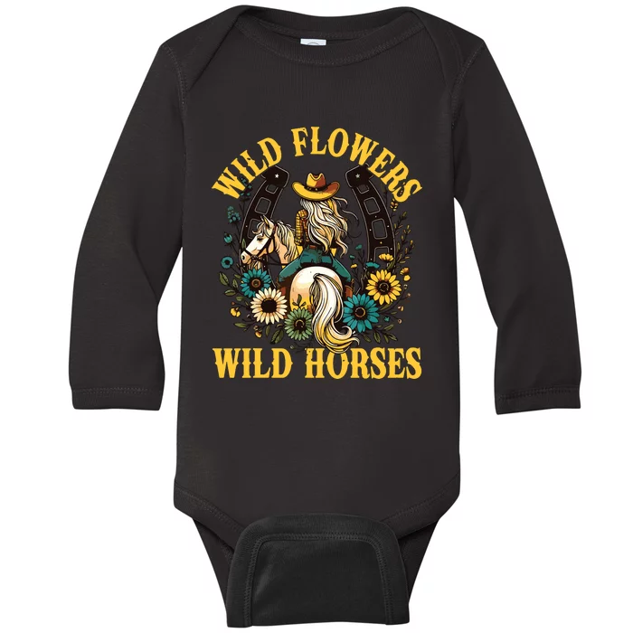 Retro Southern Sunset Cowgirl Wild Flowers Wild Horses Baby Long Sleeve Bodysuit