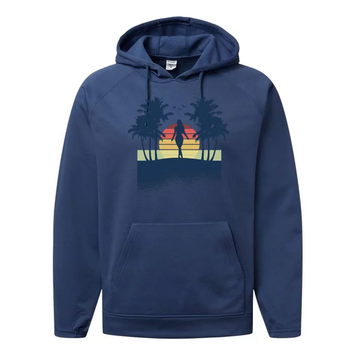 Retro Sunset Tropical Vacation Performance Fleece Hoodie