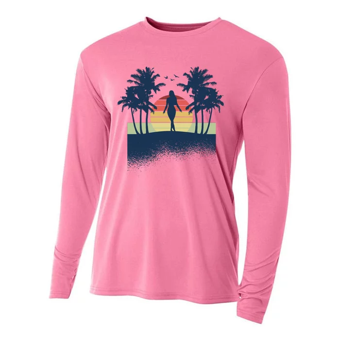 Retro Sunset Tropical Vacation Cooling Performance Long Sleeve Crew