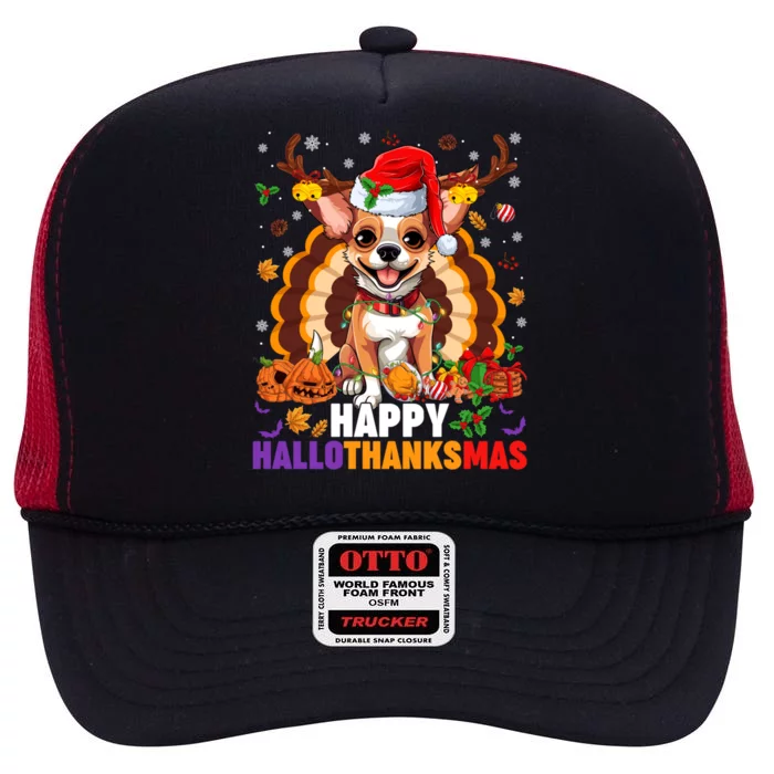 Reindeer Santa Turkey Chihuahua Dog Happy Hallothanksmas Gift High Crown Mesh Trucker Hat