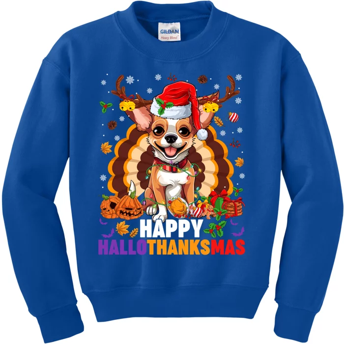 Reindeer Santa Turkey Chihuahua Dog Happy Hallothanksmas Gift Kids Sweatshirt