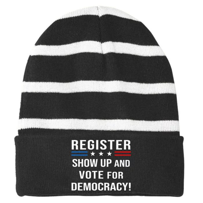 Register Shop Up And Vote For Democracy Striped Beanie with Solid Band