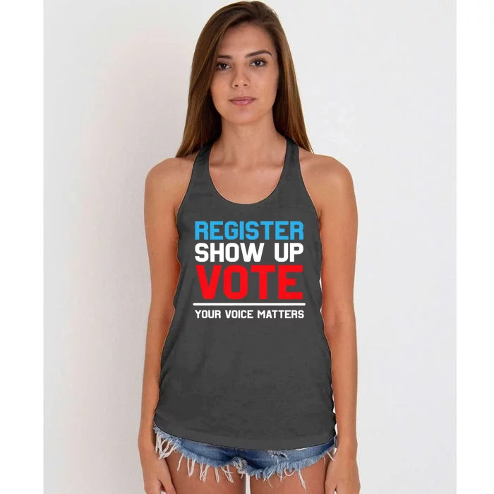 Register Show Up Vote Your Voice Matters Election 2024 Women's Knotted Racerback Tank