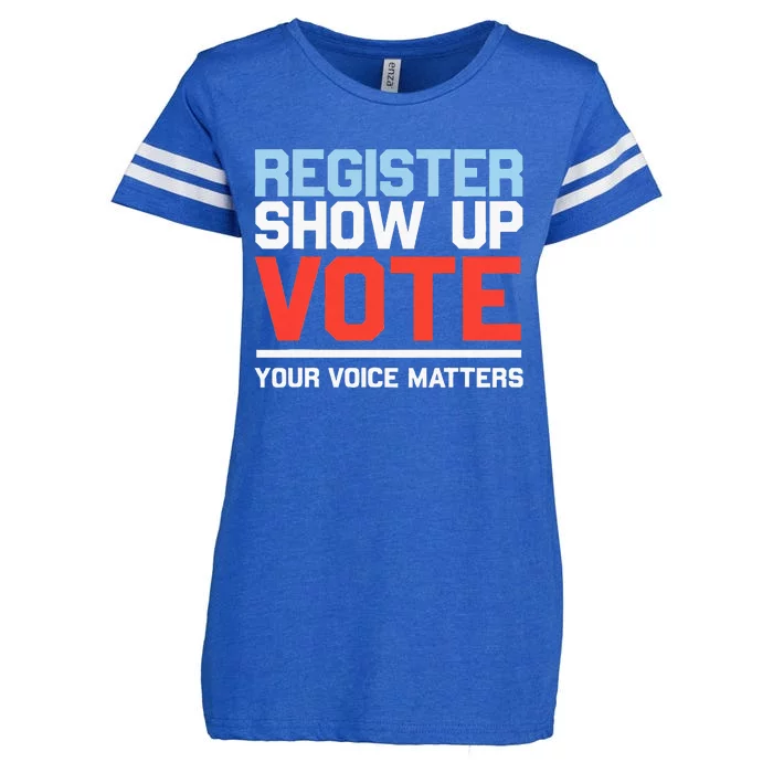 Register Show Up Vote Voice Matters Civic Duty Enza Ladies Jersey Football T-Shirt