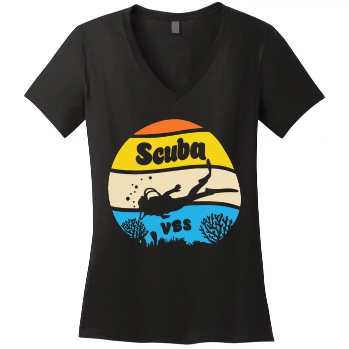 Retro Scuba Vbs 2024 Underwater Jesus Christian Bible Women's V-Neck T-Shirt