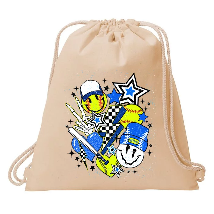 retro softball Vibes Funny softball Smile Face Meme Drawstring Bag