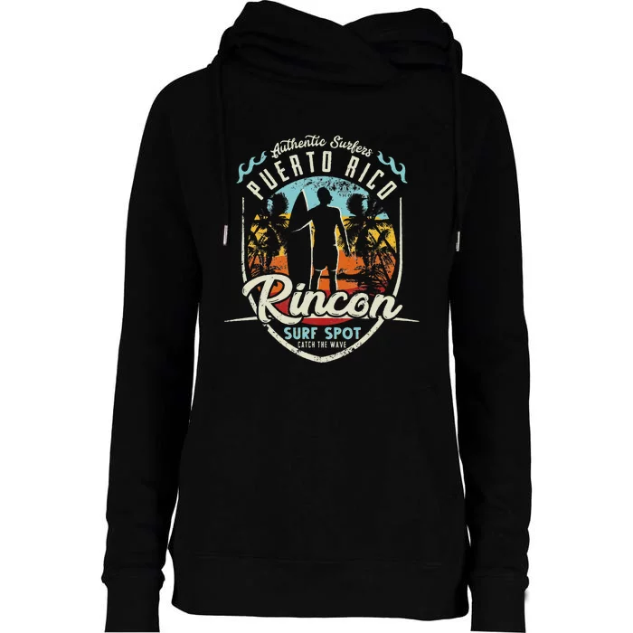 Rincon Surfing Vintage 80s Palm Tree Surfer Puerto Rico Surf Womens Funnel Neck Pullover Hood