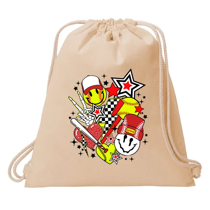 Retro Softball Vibes Funny Softball Smile Face Meme Drawstring Bag