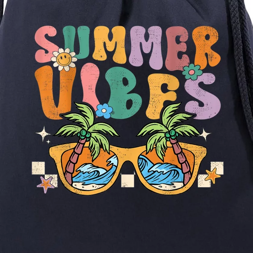 Retro Summer Vibes Groovy Glasses Vacay Vibes Beach Gift Drawstring Bag