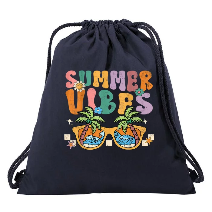 Retro Summer Vibes Groovy Glasses Vacay Vibes Beach Gift Drawstring Bag