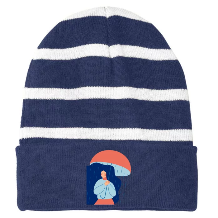 Rainy Sad Woman With Umbrella Mental Health Awareness Striped Beanie with Solid Band