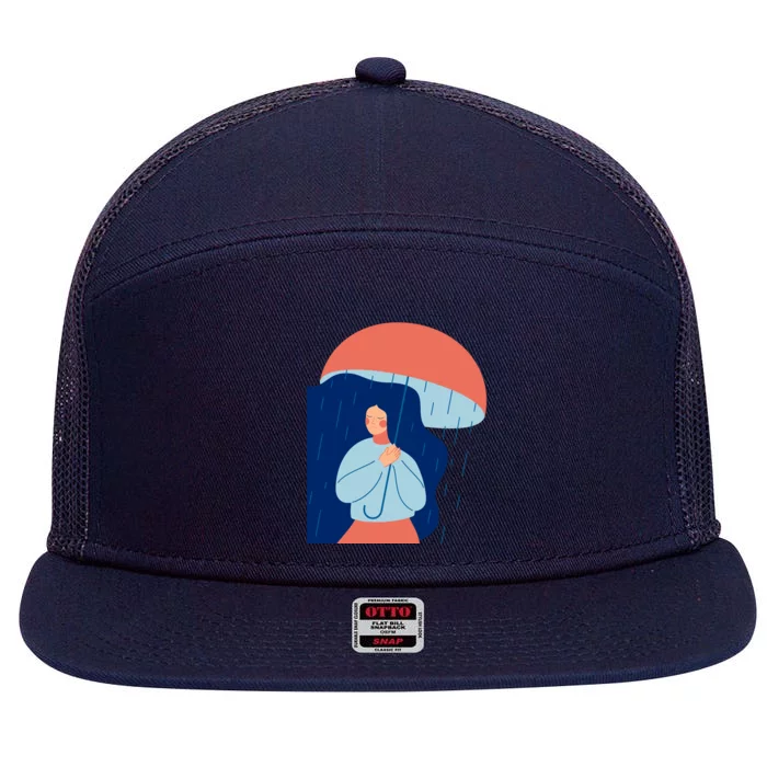 Rainy Sad Woman With Umbrella Mental Health Awareness 7 Panel Mesh Trucker Snapback Hat