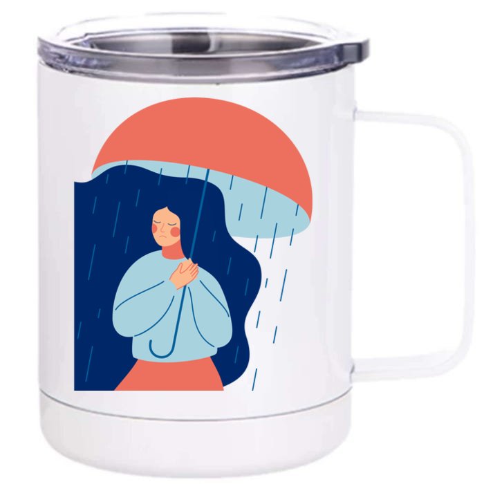 Rainy Sad Woman With Umbrella Mental Health Awareness Front & Back 12oz Stainless Steel Tumbler Cup