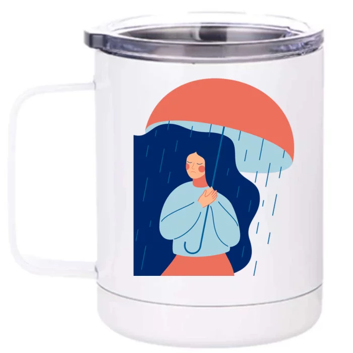 Rainy Sad Woman With Umbrella Mental Health Awareness Front & Back 12oz Stainless Steel Tumbler Cup