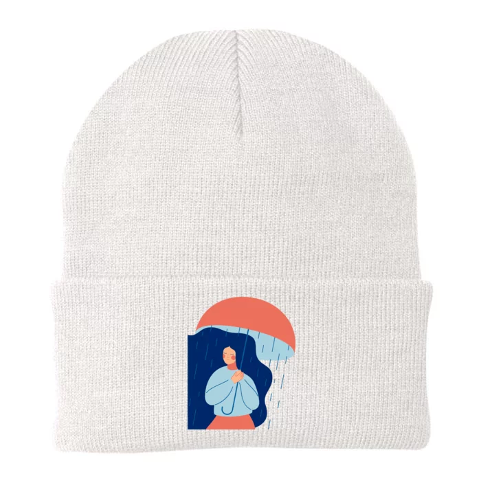 Rainy Sad Woman With Umbrella Mental Health Awareness Knit Cap Winter Beanie