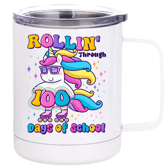 Rollin Through 100 Days Of School Roller Skating Unicorn Front & Back 12oz Stainless Steel Tumbler Cup