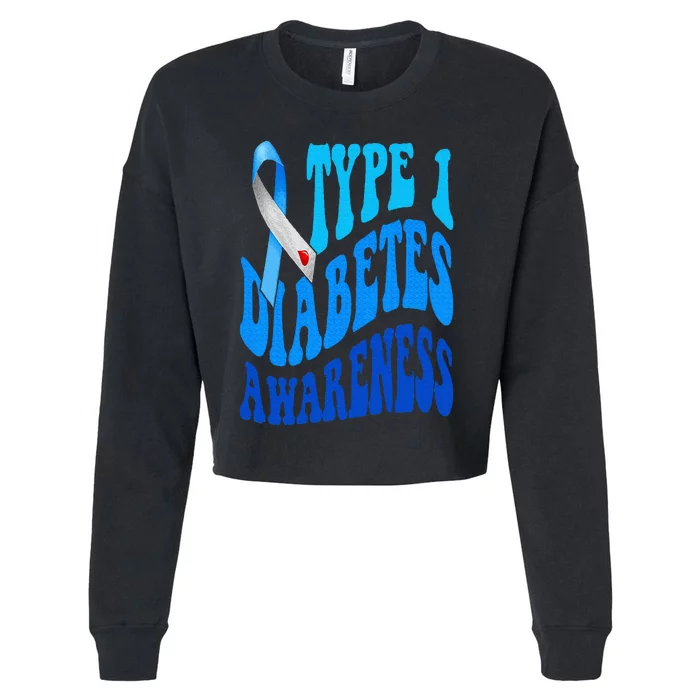 Retro Type 1 Diabetes Awareness Blue Ribbon T1D Warrior Cropped Pullover Crew