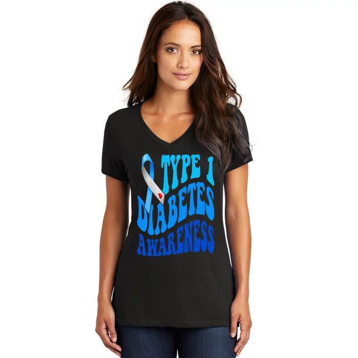 Retro Type 1 Diabetes Awareness Blue Ribbon T1D Warrior Women's V-Neck T-Shirt