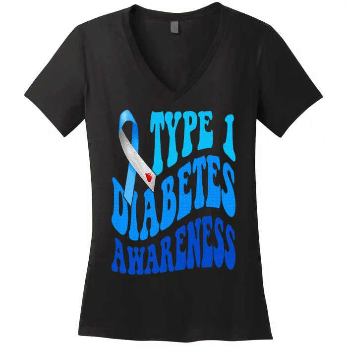 Retro Type 1 Diabetes Awareness Blue Ribbon T1D Warrior Women's V-Neck T-Shirt